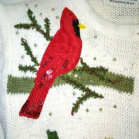 White Christmas/Holiday Sweater Vest w/Glitzy Red Cardinals Plus Size 16W - Picture 2 of 5